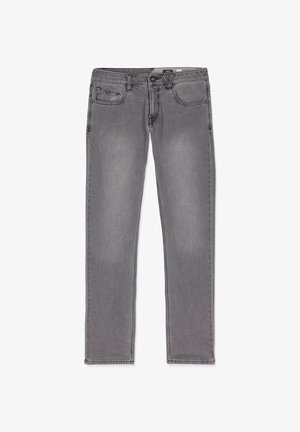 Jeans in denim grigio con taglio dritto, cinque tasche e una texture leggermente sbiadita. Caratterizzati da un bottone e una chiusura con cerniera.