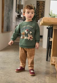 Hanorac verde cu un design "Zile Fericite", pantaloni bej cu carouri și sneakerși vișinii. Copilul stă în interior pe un podea texturată.