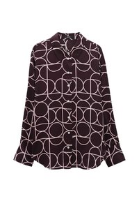Long-sleeve button-up shirt in deep purple fabric with a light pink circular pattern. Features a classic collar and cuffed sleeves.