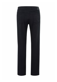Pantalons en denim noir avec une coupe droite, dotés d'une taille classique, d'un style à cinq poches et de détails de coutures subtils.