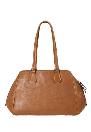 Mittelbraune Lederhandtasche mit zwei langen Schulterriemen und einem Reißverschluss am oberen Verschluss.