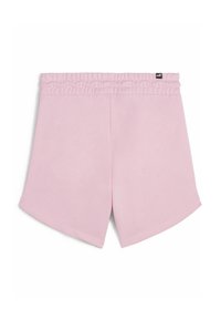 Rosa bomullsshorts med elastisk midja och rå kant. Har en liten svart logotypetikett på midjan.