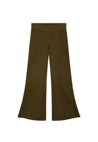 Pantalones de pierna ancha de punto verde con textura acanalada y una cinturilla alta, que presentan un dobladillo acampanado para un ajuste relajado.