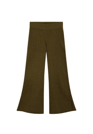 Pantalones de pierna ancha de punto verde con textura acanalada y una cinturilla alta, que presentan un dobladillo acampanado para un ajuste relajado.