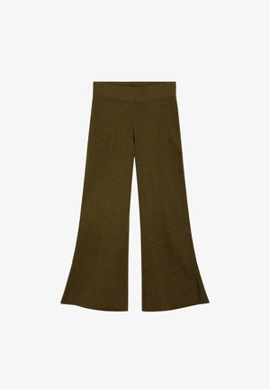 Green knitted wide-leg trousers with a ribbed texture and a high waistband, featuring a flared hem for a relaxed fit.