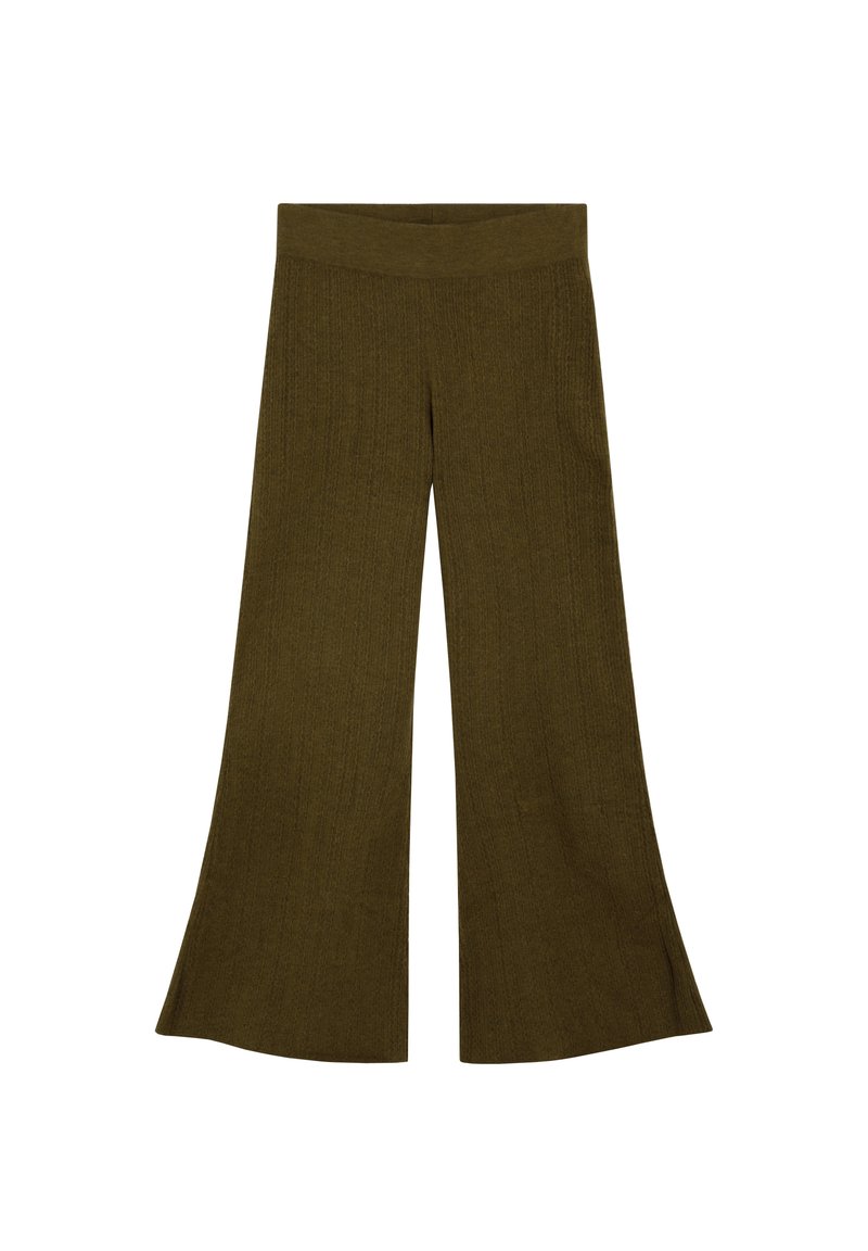 Pantalones de pierna ancha de punto verde con textura acanalada y una cinturilla alta, que presentan un dobladillo acampanado para un ajuste relajado.