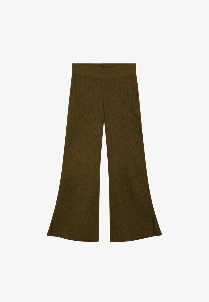 Green knitted wide-leg trousers with a ribbed texture and a high waistband, featuring a flared hem for a relaxed fit.