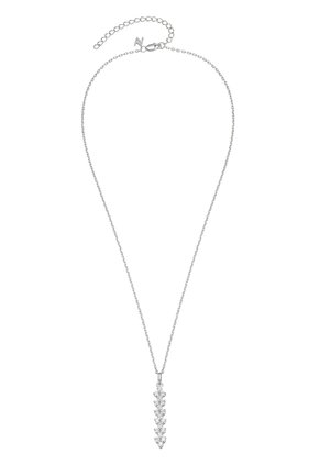 Silver necklace with a delicate chain, featuring a pointed pendant adorned with multiple small, clear gemstones. Adjustable clasp included.