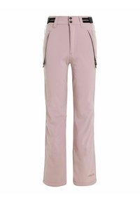 Pantaloni da sci rosa pallido con vestibilità slim, dotati di tasche con zip nere, cuciture rinforzate e una vita piatta per un comfort regolabile.