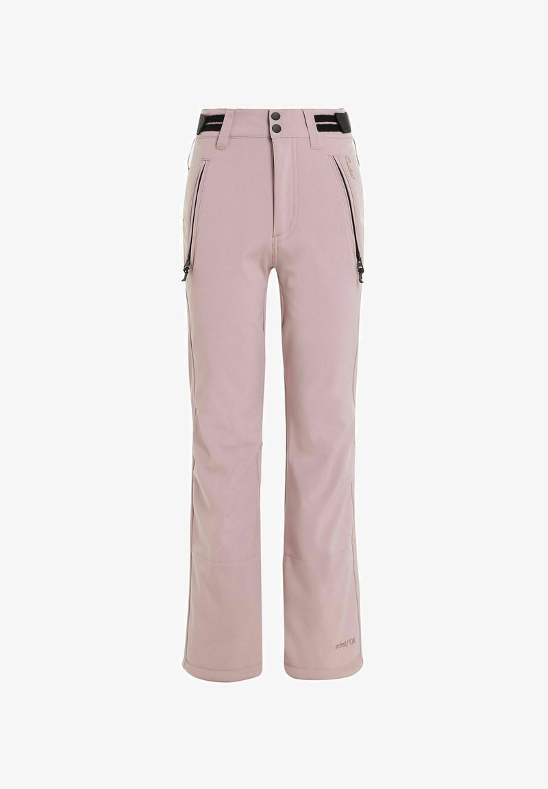 Miękkie różowe spodnie narciarskie o dopasowanym kroju, z czarnymi kieszeniami na suwak, wzmocnionymi szwami oraz prostym pasem do regulacji komfortu.