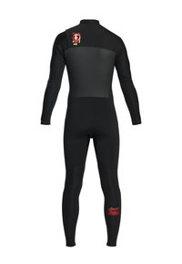 Schwarzer Ganzkörper-Neoprenanzug mit langen Ärmeln, Rückansicht, ausgestattet mit kleinen roten grafischen Designs auf dem oberen Rücken und dem unteren rechten Bein.