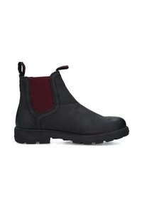 Stivale Chelsea in pelle nera con pannelli elastici bordeaux sui lati, linguette di trazione frontale e posteriore, e suola in gomma robusta.