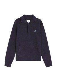 Granatowy sweter dzianinowy z kołnierzykiem, zapięciem na trzy guziki, kieszeniami z przodu oraz małym, jasnoniebieskim logo czaszki na klatce piersiowej.