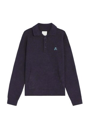Suéter de punto navy con cuello tipo polo, cierre de tres botones, bolsillos delanteros y un pequeño logo de calavera azul claro en el pecho.