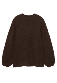 Bruine gebreide trui met een ronde hals, losse pasvorm en lange mouwen. De textuur lijkt zacht en grof, met een subtiel patroon.