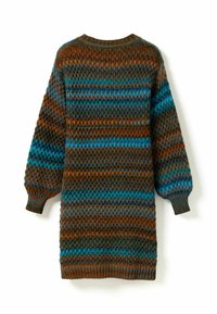 Langes Strickkleid mit Ballonärmeln in braunen, türkisfarbenen und grauen horizontalen Streifen sowie gerippten Bündchen und Saum.