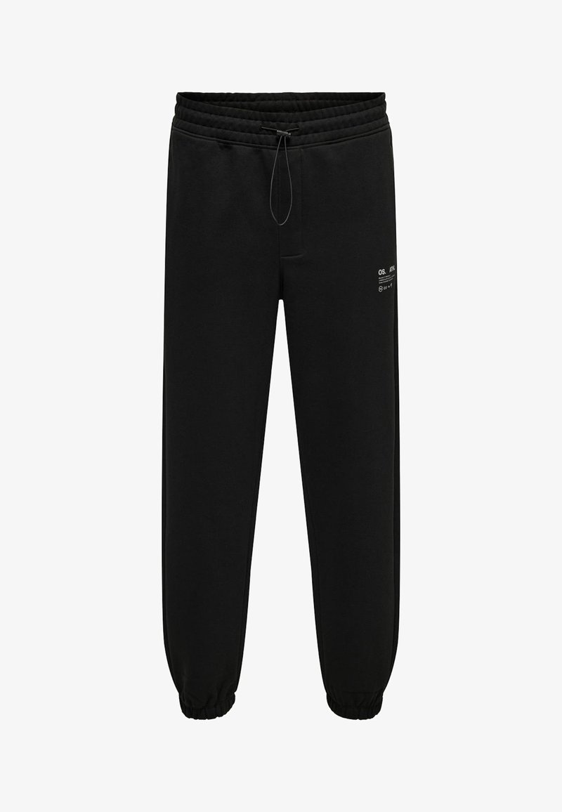 Sorte sweatpants i blødt materiale med elastisk talje, justerbar snor og ribbede manchetter. Har minimal branding på forsiden.