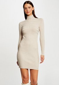 Abito beige a collo alto a coste con maniche lunghe, caratterizzato da un design aderente e pannelli testurizzati lungo il torso e la gonna.