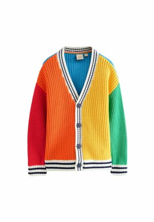 Cardigan multicolore con sezioni arancioni, rosse, gialle, blu e verdi. Tessuto a costine, scollatura a V e dettagli a strisce blu navy sui polsini e sull'orlo.