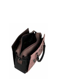 Bruine en roze handtas met een gestructureerde buitenkant, ritscompartimenten en een gepatterneerde binnenkant. Inclusief stevige handvatten en hardware-accessoires.