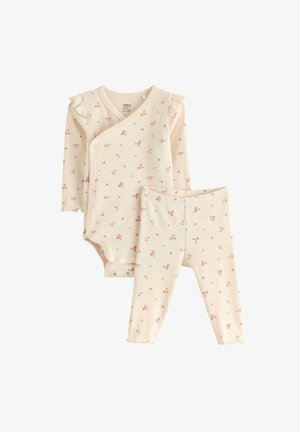 Completo neonato crema con motivo floreale rosa, body a manica lunga con bottoni laterali e spalle arricciate, leggings coordinati con vita elasticizzata.