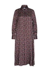 Abito camicia a maniche lunghe in tessuto scuro con un motivo astratto multicolore, chiusura a bottoni sul davanti e colletto, con una silhouette rilassata.