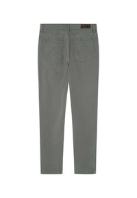 Grijze katoenen broek met een rechte pijp, uitgevoerd met twee achterzakken, een tailleband en een label aan de achterkant. Soepele textuur.