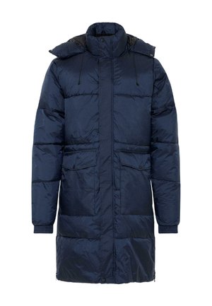 Giacca imbottita blu navy con colletto alto, cappuccio removibile, due tasche frontali e polsini elasticizzati. Realizzata in materiale lucido e trapuntato.