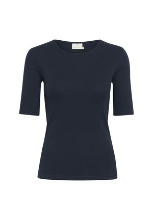 Navy blue short-sleeve top with a round neckline, made from ribbed fabric, featuring a fitted silhouette and minimal detailing.