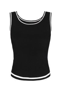 Schwarzes, geripptes Tanktop mit weißem Saum am Kragen und am Abschluss. Es hat eine taillierte Form und eine glatte Textur.