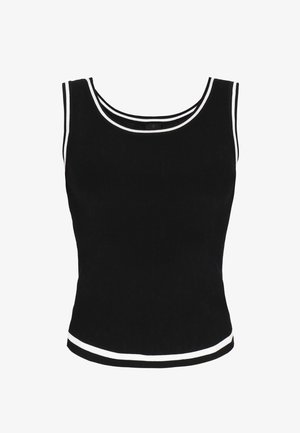 Fekete bordázott ujjatlan póló fehér díszítéssel a nyakán és az alsó szélén. Feszes fazonú és sima tapintású.