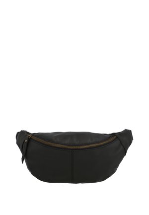 Sort lædertalje taske med en buet guldlynlås og justerbar strop, designet til bærbarhed uden brug af hænder.