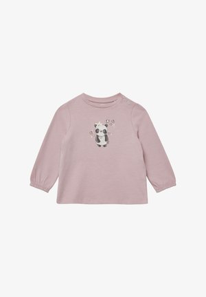 Lichtroze langwerpige shirt van katoen met een ronde halslijn, voorzien van een panda-afbeelding en bloemenaccenten; drukknoop op de schouder.