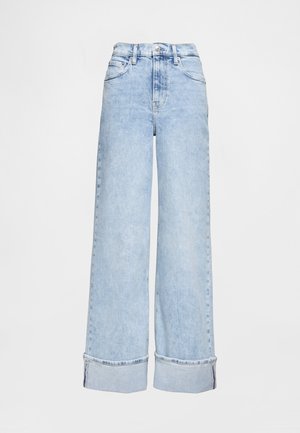 Hele sinised kõrge vöökohaga laia säärega teksad, tehtud denimist, millel on ülesääristatud mansett, viis taskut ja õmmeldud detailid.