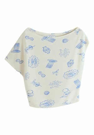 Smėlio spalvos audinys su mėlynomis linijinėmis piešiniais, vaizduojančiais senovinę keramiką, kolonas, lapus ir abstrakčias formas.