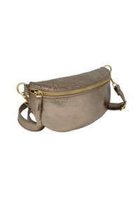 Sac bandoulière en bronze métallique avec surface texturée, fermeture éclair dorée et bandoulière détachable. Forme arrondie avec un design mince.