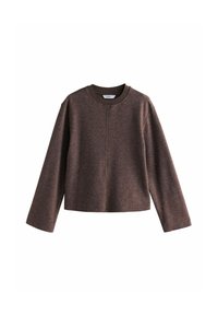 Brązowy, długorękawowy top z okrągłym dekoltem, wykonany z miękkiej, teksturowanej tkaniny, z kontrastowymi prążkowanymi wykończeniami wokół szyi. Prosty, prosty krój.