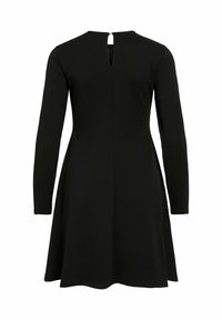 Czarna sukienka z długim rękawem, z dopasowanym górnym fragmentem i rozkloszowanym dołem. Posiada zapięcie na plecach w formie otworu oraz gładką teksturę tkaniny.