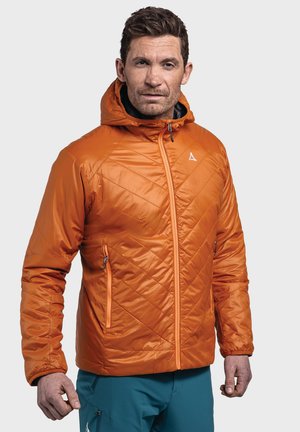 Orange insulated jacket featuring a hood, diagonal quilted pattern, and contrasting zippers. Material appears smooth and lightweight.
