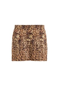 Leopard print shorts featuring an elastic waistband, pleated front, and lightweight fabric with shades of brown and tan.