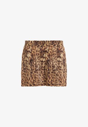 Shortsit leopardi mustriga, millel on elastne vöökoht, pleegete eesmine osa ja kerge kanga, millel on pruunid ja tan värvitoonid.