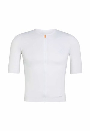 Maglia da ciclismo bianca a maniche corte con cerniera frontale completa e logo discreto sul petto, progettata per una vestibilità slim.