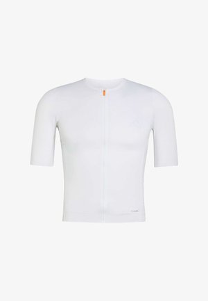 Maglia da ciclismo bianca a maniche corte con cerniera frontale completa e logo discreto sul petto, progettata per una vestibilità slim.