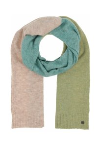 Écharpe en tricot douce présentant trois blocs de couleurs : rose clair, sarcelle et vert. Le design inclut des extrémités côtelées et un petit logo en accent.