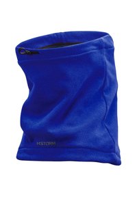 Blauwe fleece nekwarmer met een gladde textuur, voorzien van een zwarte voering en een klein ritsdetail aan de rand. Inclusief logokleuraccent.