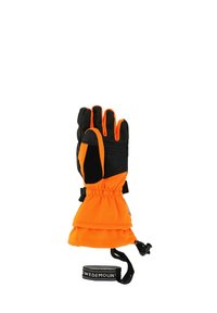 Waterproof glove with a black and bright orange color scheme. Features include finger compartments, adjustable cuff, and a securing strap.