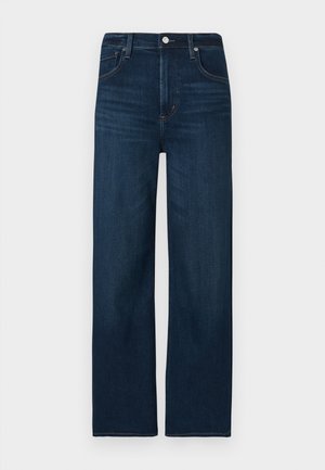 Tumši zili džinsa bikses ar taisnām kājām, ar pogu un rāvējslēdzēja aizdari, smalkām šuvju detaļām un piecu kabatu dizainu.