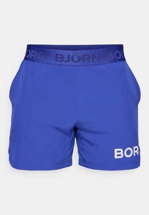 Kráľovsky modré šortky s hladkým povrchom, elastický pás s logom "BJÖRN BORG" a bočnými vreckami. Biely perforovaný branding detail.