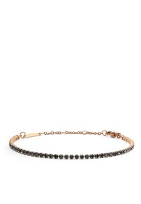 Rózsaarany karkötő, amely sötétkék kristályok sorával, finom láncokkal és biztonságos kapoccsal rendelkezik. Elegáns és minimál stílusú kialakítás.