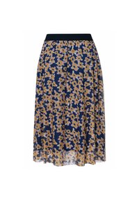 Gonna midi floreale con sfondo blu navy, caratterizzata da fiori gialli e bianchi. Vita elastica e tessuto leggero e trasparente.
